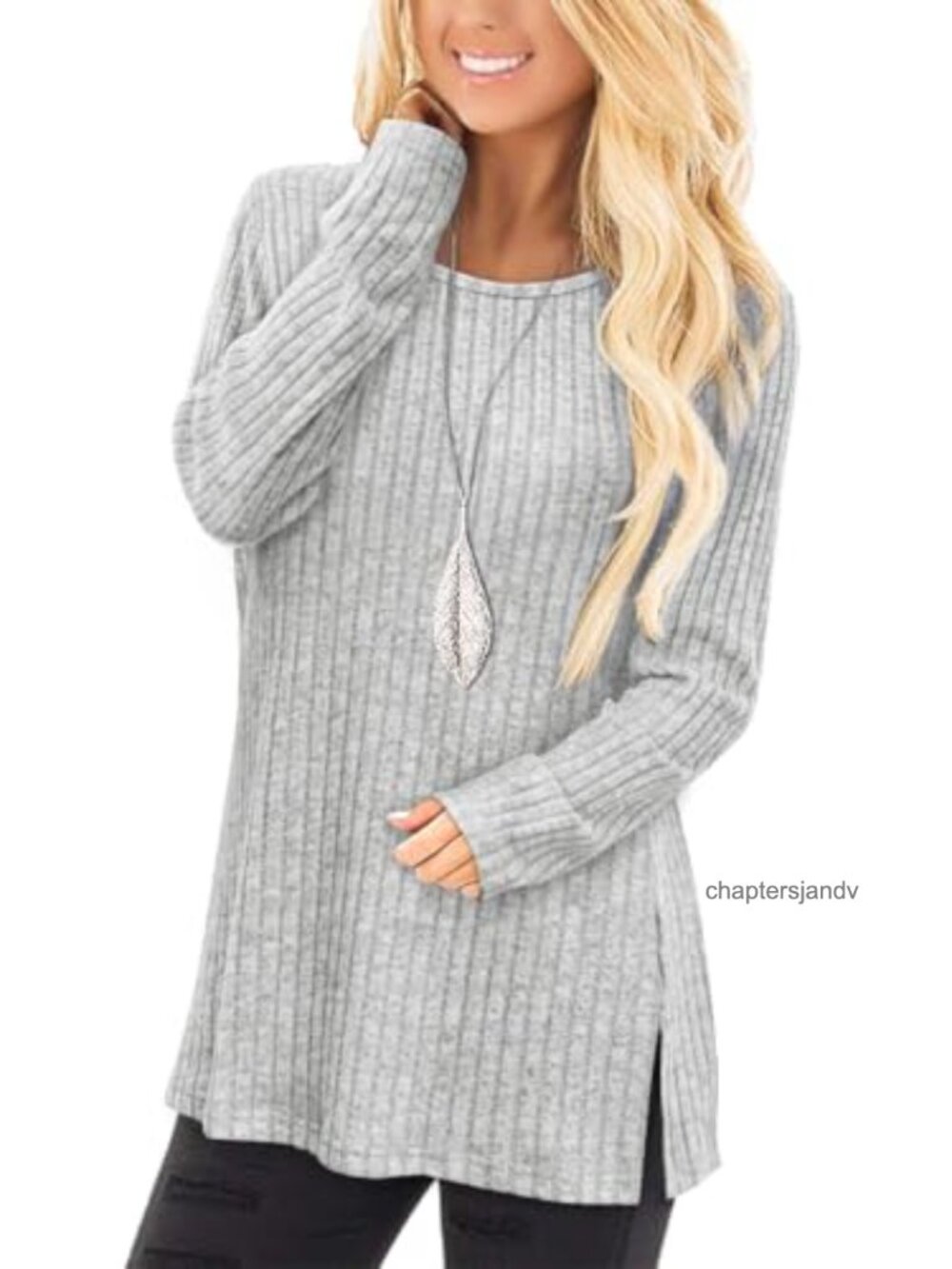 Long Sleeve Crew Neck Tunic Sweater with Side Split Loose Fit Casual Fall Top